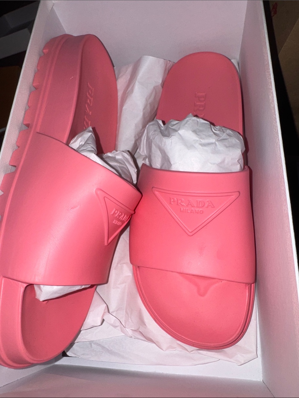 Prada Pink Rubber Logo Slide Sandals